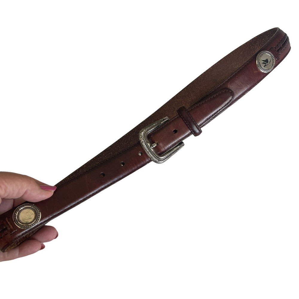 BRIGHTON BELT Genuine Brown Leather Size 34 Decorative Stitching Embellished